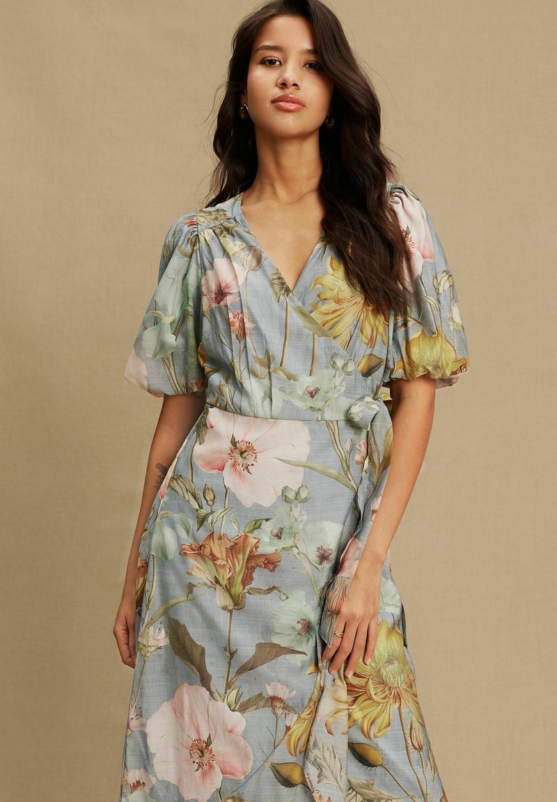 linen cotton midi dress Women's Hily A-line V-Neck Linen Cotton Midi Dress S/M/L/Customize Blue Grey MEAN BLVD Blue Grey / L