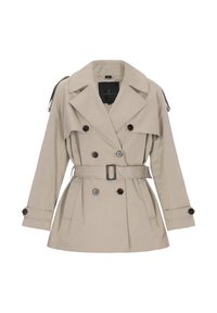Bézs színű, dupla soros gombolású ballonkabát öves derékrésszel, nagy gallérral és gombos mandzsettákkal. Sima textúrájú, barna díszgombokkal.