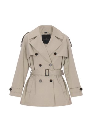 Béžový dvouřadý trenčkot s páskem v pase, velkým límcem a manžetami na knoflíky. Disponuje hladkou texturou a hnědými ozdobnými knoflíky.