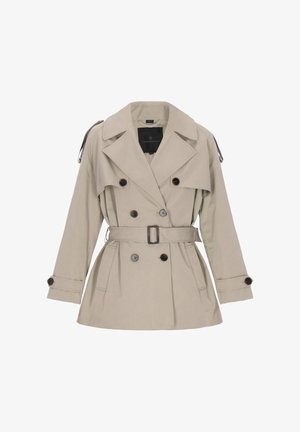 Beige double-breasted trench coat with a belted waist, large collar, and buttoned cuffs. Features a smooth texture and brown accent buttons.
