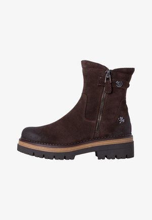 Dunkelbraune Wildleder-Ankle-Boots mit abgerundeter Spitze, seitlichem Reißverschluss, dekorativem Knopf und geriffelter Gummisohle.