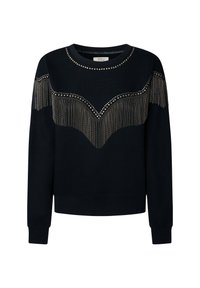 Felpa blu navy con dettagli in frange lungo il petto, arricchita con borchie metallizzate. Collo girocollo classico e polsini a coste.
