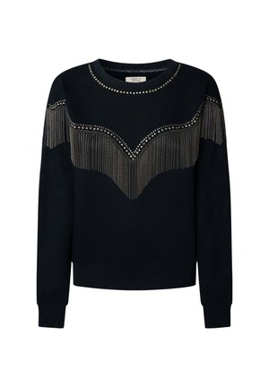 Marineblauwe sweatshirt met franjes langs de borst, versierd met metalen studs. Klassieke ronde halslijn en geribtde manchetten.