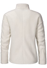 Weißer Fleece-Jacke mit hohem Kragen, strukturiertem Außenteil und langen Ärmeln. Nähte verlaufen vertikal entlang des Rückens.