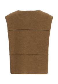 Smeđa pletena odjeća pravokutnog oblika, sadrži dva horizontalna šava i zaobljeni izrez. Mekana tekstura, minimalistički dizajn.