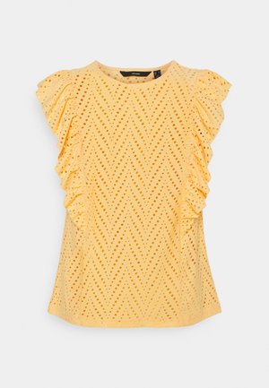 Blusa gialla senza maniche con motivo a occhiello a chevron e tessuto arricciato lungo le armholes, scollatura rotonda e vestibilità ampia.
