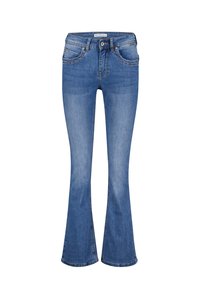 Blauwe spijkerflare jeans met voor- en achterzakken, riemlussen, knoopsluiting en subtiele vervaagde details op de dijen en knieën.