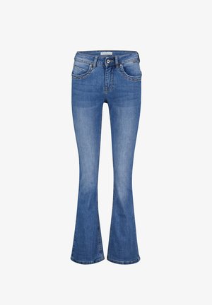Blauwe spijkerflare jeans met voor- en achterzakken, riemlussen, knoopsluiting en subtiele vervaagde details op de dijen en knieën.