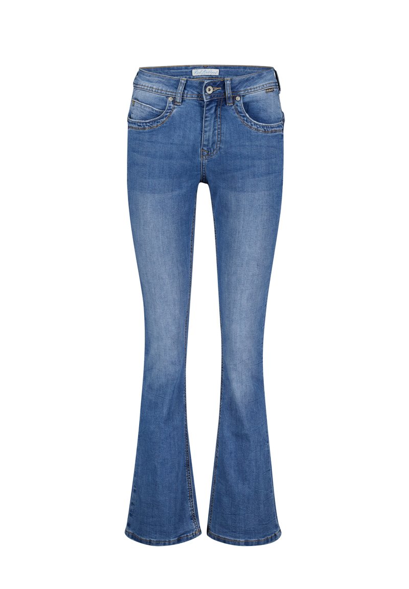 Blauwe spijkerflare jeans met voor- en achterzakken, riemlussen, knoopsluiting en subtiele vervaagde details op de dijen en knieën.