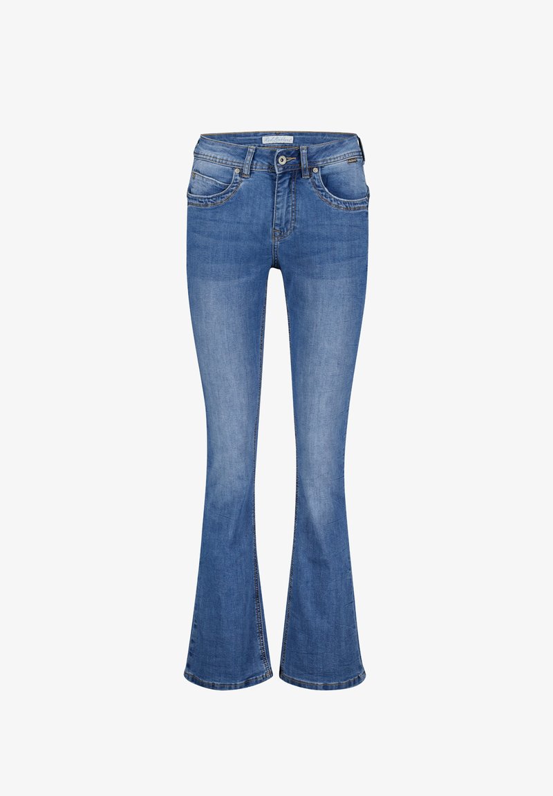 Blauwe spijkerflare jeans met voor- en achterzakken, riemlussen, knoopsluiting en subtiele vervaagde details op de dijen en knieën.