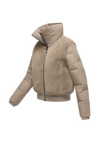 Beige jas met een Sherpa bovenstuk en gewatteerde nylon mouwen. Beschikt over een hoge kraag, ritssluiting en ribgebreide boorden en zoom.