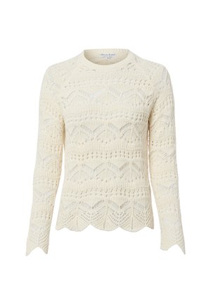 Crèmekleurige, lange mouw, gebreide trui met verfijnde kanten patronen en geschulpte randen bij de zoom en manchetten, ronde halslijn.