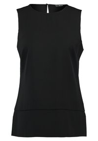 Czarny bezrękawnik z okrągłym dekoltem i zapięciem na plecach w kształcie łezki. Gładki materiał o luźnym kroju i warstwowym wykończeniu u dołu.