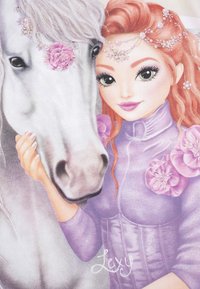 Illustration features a girl with long, wavy reddish hair, wearing a purple outfit adorned with pink flowers, alongside a white horse with a floral accent.