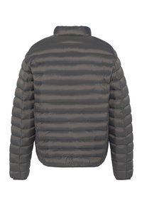 Herregrå quiltet dunjakke med høj krave, ribbede manchetter og et let, skinnende stof med vandrette sømme.