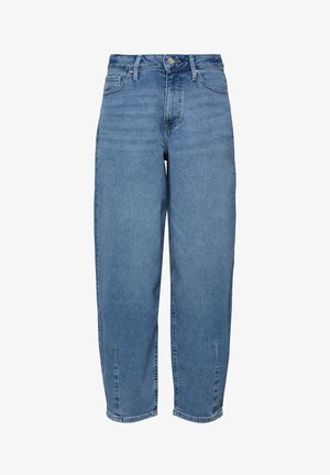 Jeans en denim bleu taille haute à jambes droites, avec poches avant, fermeture par boutons et petites fentes près des ourlets aux chevilles.