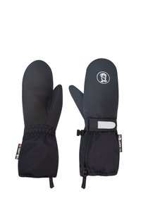 Mittens isolados pretos com uma aderência texturizada, punho elástico, fita ajustável e um logótipo branco na superfície superior. Acabamento em tecido suave.