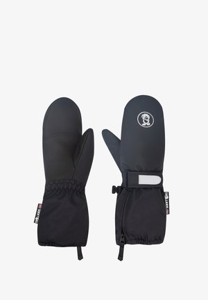 Fekete szigetelt kesztyűk textúrázott tapadással, elasztikus mandzsettával, állítható pánttal, és fehér logóval a felső felületen. Sima szövetfelület.