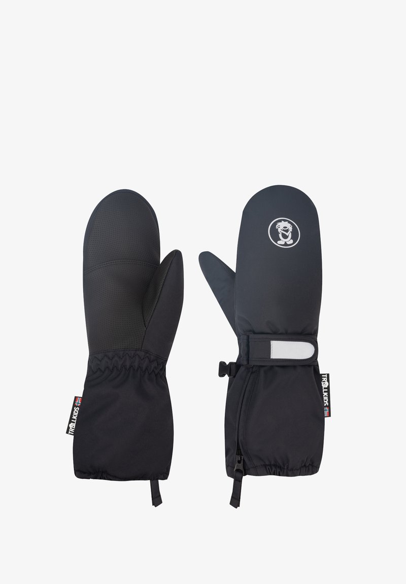 Mittens isolados pretos com uma aderência texturizada, punho elástico, fita ajustável e um logótipo branco na superfície superior. Acabamento em tecido suave.