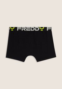 Boxer in cotone nero con design solido, caratterizzati da una banda in vita con il logo "FREDDY" in bianco e verde neon a contrasto.