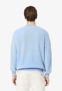 Light blue sweater with a textured finish, ribbed cuffs, and contrasting red and white accents on the collar and sleeves.