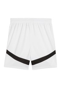 Weiße Sportshorts aus leichtem Stoff, mit einem gebogenen schwarzen Streifen an den Seiten und einem elastischen Bund für zusätzlichen Komfort.