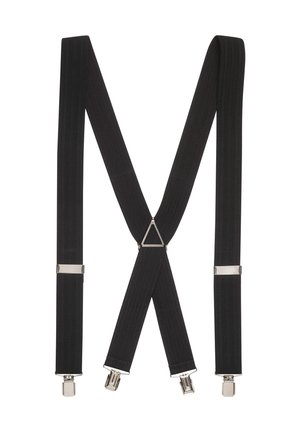Sorte elastiske seler med tekstureret overflade, der har metalclips til fastgørelse og en trekantet forbindelse bagpå.