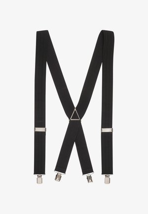 Zwarte elastische bretels met een gestructureerd oppervlak, voorzien van metalen clips voor bevestiging en een driehoekige connector aan de achterkant.