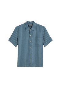 Kurzärmeliges Button-Down-Hemd in Dunkelblau mit hellen vertikalen Streifen. Verfügt über eine Brusttasche und ein klassisches Kragen-Design.