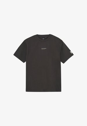 Donkergrauwe katoenen t-shirt met een ronde hals, korte mouwen en een klein wit logo op de borst. Inclusief een label-logo op de mouw.