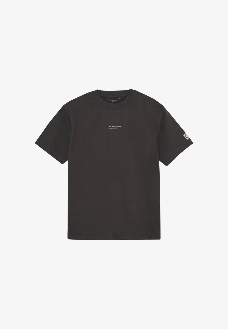 Mørkegrå bomuldstrøje med rund halsudskæring, korte ærmer og en lille hvid logo-tekst på brystet. Indeholder et mærke-logo på ærmet.