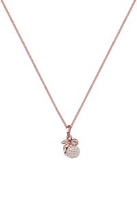Roze gouden ketting met een delicate ketting en een ronde hanger versierd met heldere kristallen, met een bladerenaccent bovenop.