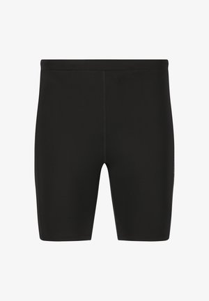 Schwarze Schwimmshorts aus elastischem Stoff, mit glatter Textur, elastischem Bund und Flachnähte für hohen Tragekomfort.