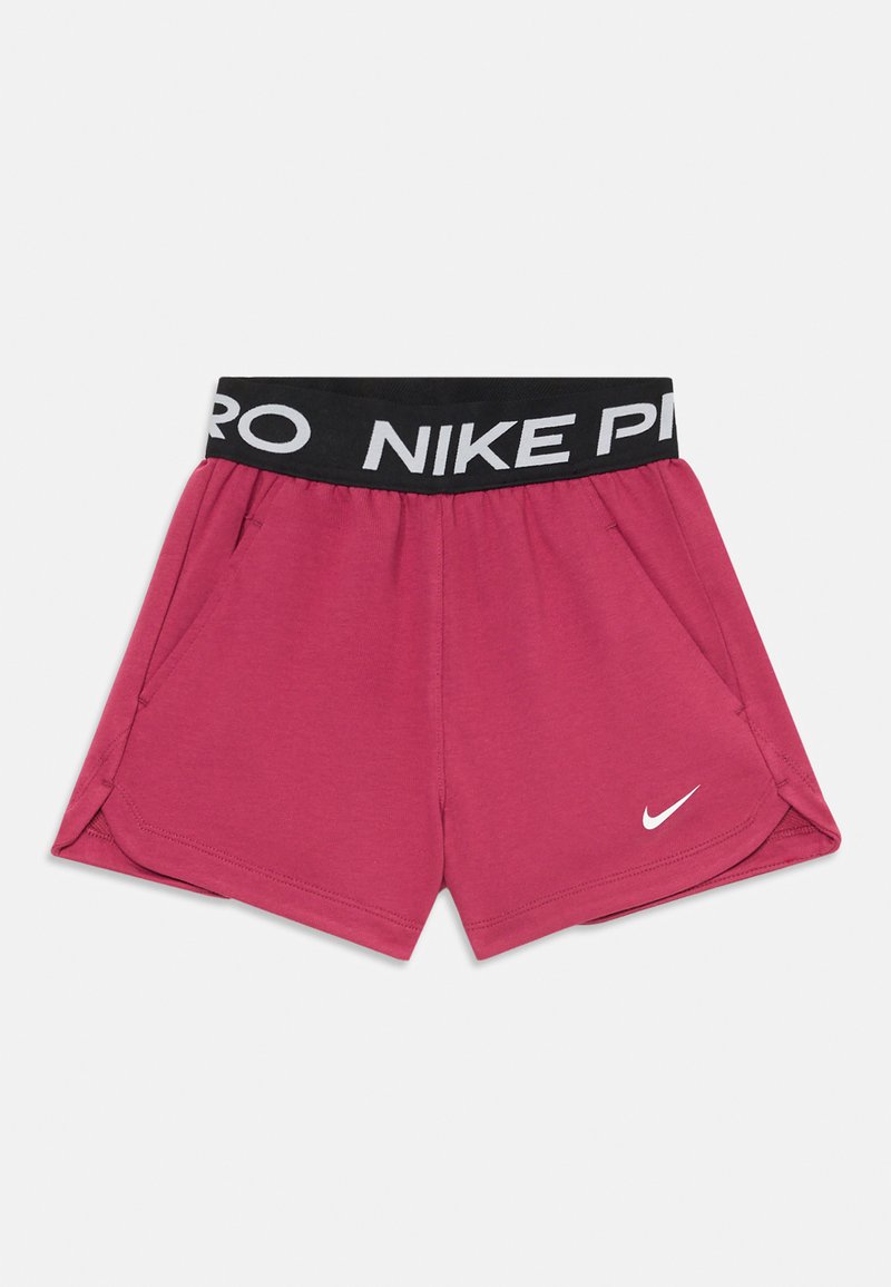Calções Nike Pro, tecido rosa, cintura elástica preta com logótipo branco, bolsos laterais e bainha curva para facilitar o movimento.