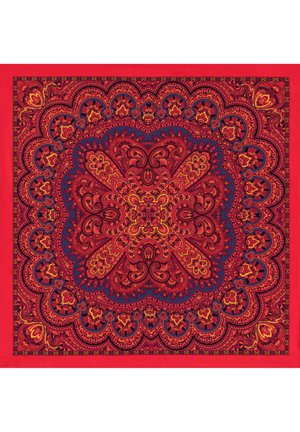 Tkanina w kolorze czerwonym i granatowym z wzorem paisley, z misternymi żółtymi i pomarańczowymi motywami kwiatowymi i spiralnymi tworzącymi symetryczne kształty mandali.