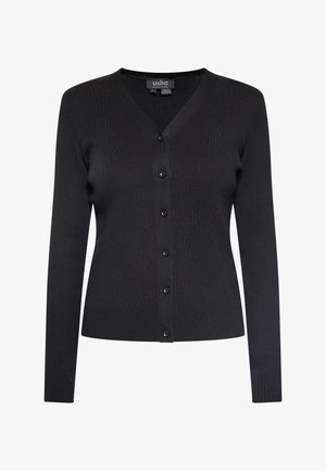 Sort ribbet cardigan med V-hals, lange ærmer og seks frontknapper. Stoffet ser blødt ud med en tætsiddende pasform. Mærkeetiket synlig.