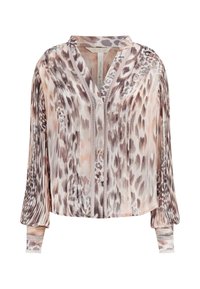 Halenka s leopardím potiskem vyrobená z lehkého materiálu, s V-výstřihem, knoflíkovým zapínáním, nařasenými rukávy a krajkovými detaily na manžetách.