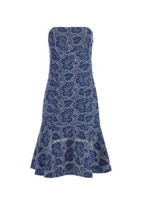 Robe sans bretelles bleu marine avec motif en dentelle florale, corsage ajusté, ourlet évasé et détails complexes. Fabriquée en tissu texturé.