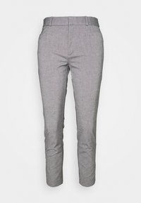 Grå skräddarsydda byxor i ett strukturerat tyg, med slät front, bälteshällor och något avsmalnande ben. Inga synliga fickor.