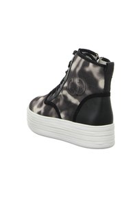 High-top sneakers with a black and grey patterned textile upper, featuring a white rubber sole and embossed logo detail on the side.