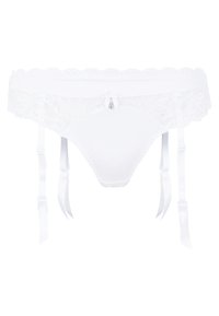 Witte kanten en stoffen kousenband met verstelbare bandjes, gegolfde rand en een kleine decoratieve accent in het midden.