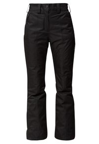 Pantalones negros de exterior con diseño de pierna recta. Fabricados con material duradero, cuentan con bolsillos laterales y cintura ajustable. Textura resistente a la intemperie.