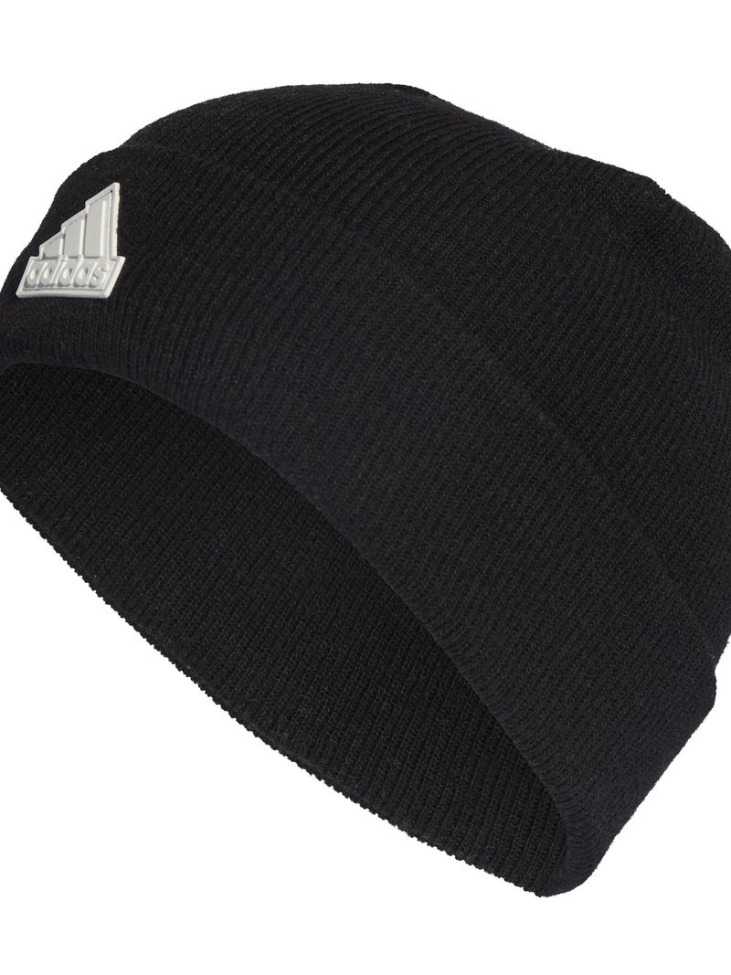 Bonnet noir en tricot avec revers, fabriqué en tissu texturé et doté d'un accent argenté du logo Adidas sur le côté.