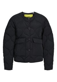 Černá prošívaná bunda s kulatým výstřihem, uzávěrem na knoflíky a dvěma předními kapsami. Má hladkou texturu a jasně žlutou podšívku.