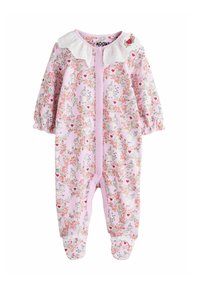 Ružový bavlnený overal s dlhými rukávmi, vybavený bielym golierom. Ozdobený kvetinovými vzormi a rozprávkovými postavičkami. Zapínanie na cvočky.