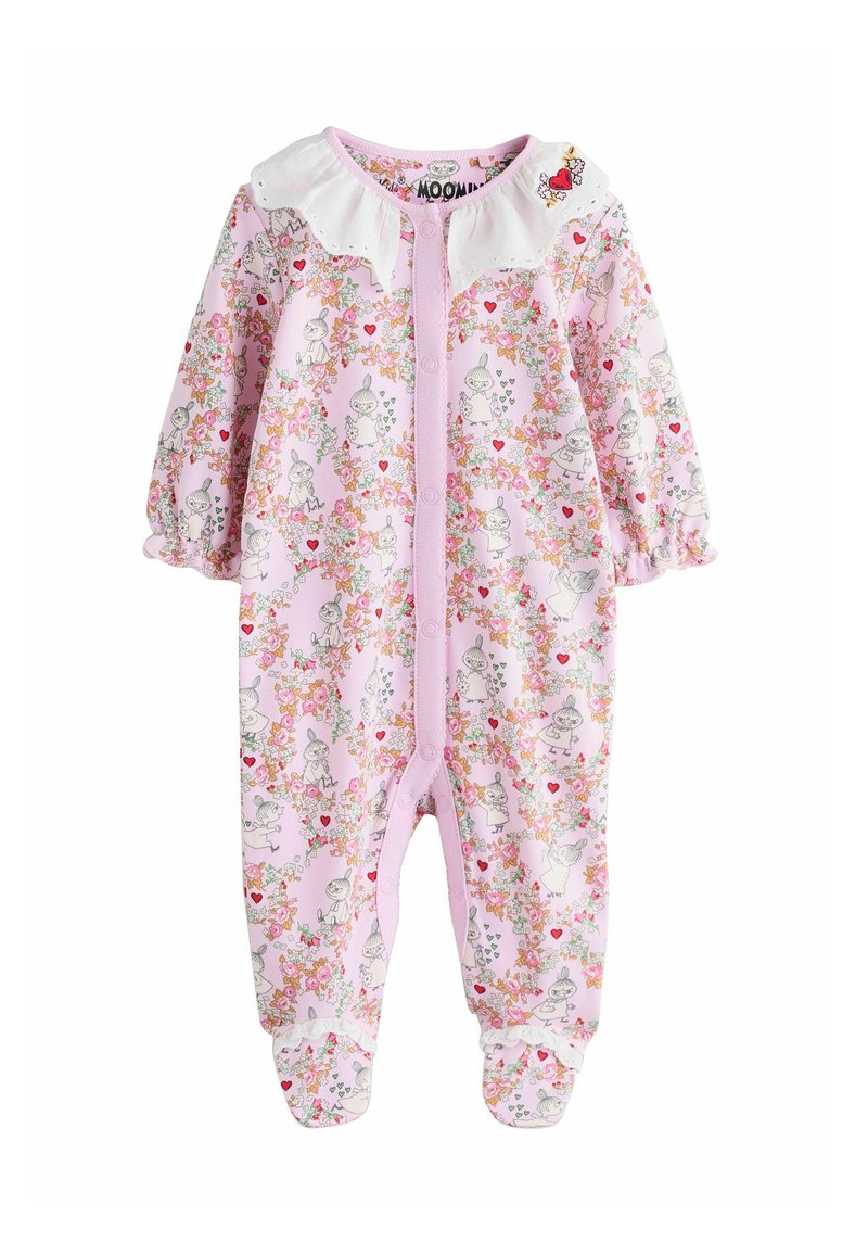 Ružový bavlnený overal s dlhými rukávmi, vybavený bielym golierom. Ozdobený kvetinovými vzormi a rozprávkovými postavičkami. Zapínanie na cvočky.