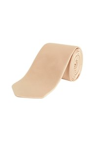 Cravat bej din țesătură canelată, având un capăt ascuțit. Rulat într-o formă spiralată pentru păstrare.