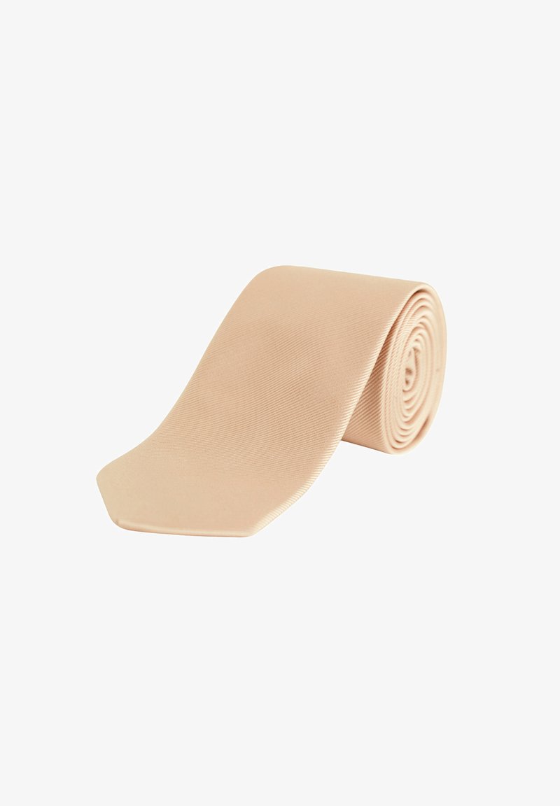 Cravatta beige realizzata in tessuto a coste, con un'estremità punta. Arrotolata a forma di spirale per la conservazione.
