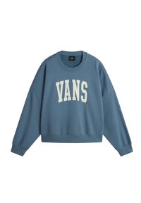 Niebieski bawełnowy sweatshirt z okrągłym dekoltem, obniżonymi ramionami i dużym, białym logo "VANS" na przodzie. Posiada ściągacze na rękawach i u dołu.