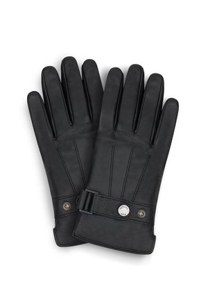 Czarne skórzane rękawiczki o gładkiej fakturze, z pionowymi szwami, szerokim mankietem oraz ozdobnym paskiem z metalowym guzikiem.
